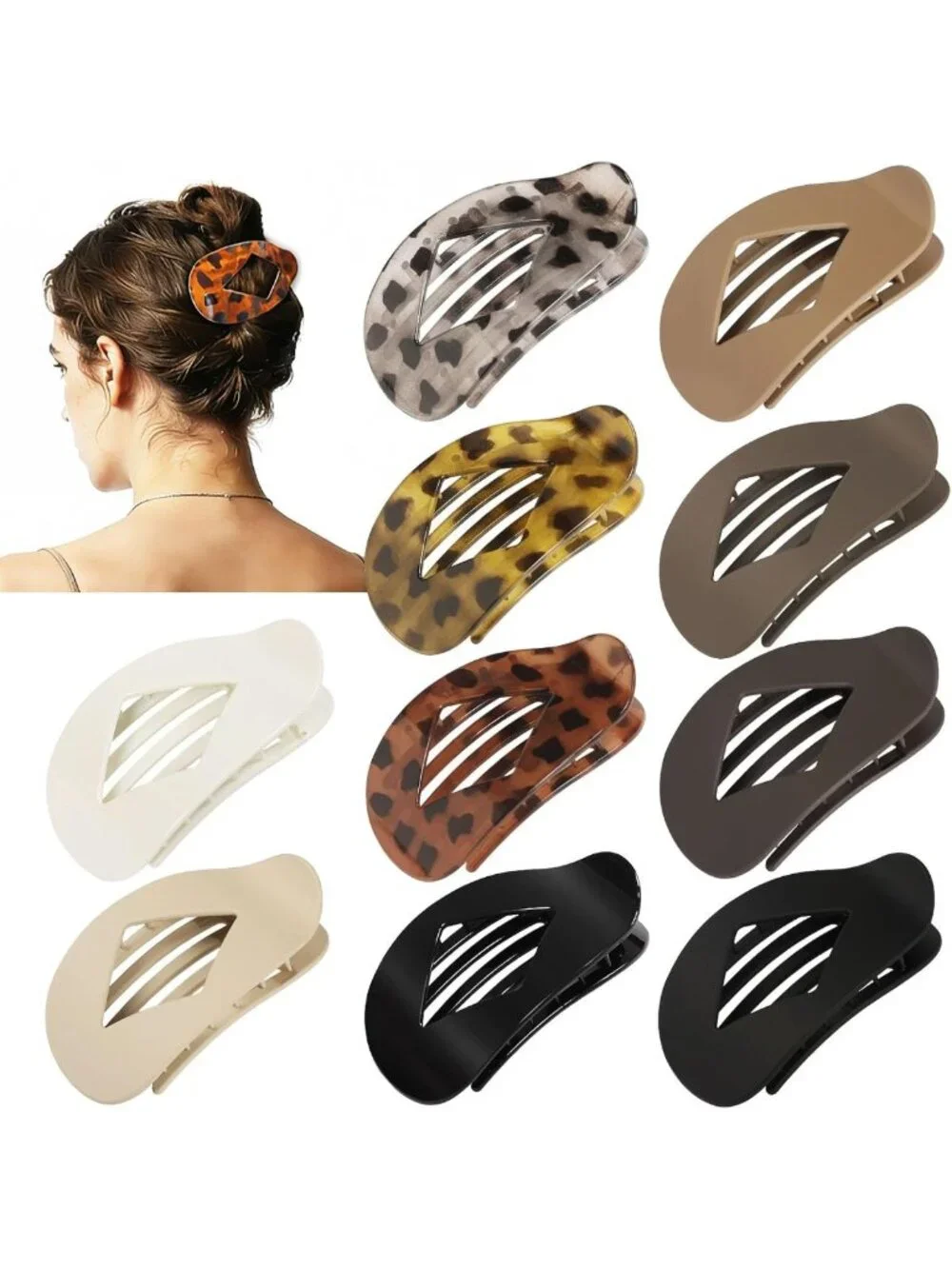 10 PCS Large Leopard Print Hair Claw Clips - Stylish Flat Hair Clips for Women